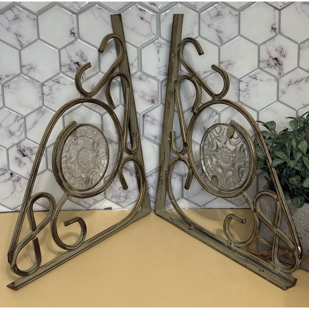 Vintage 2 Metal Distressed Wall Shelf Brackets Glass Medallion 8"